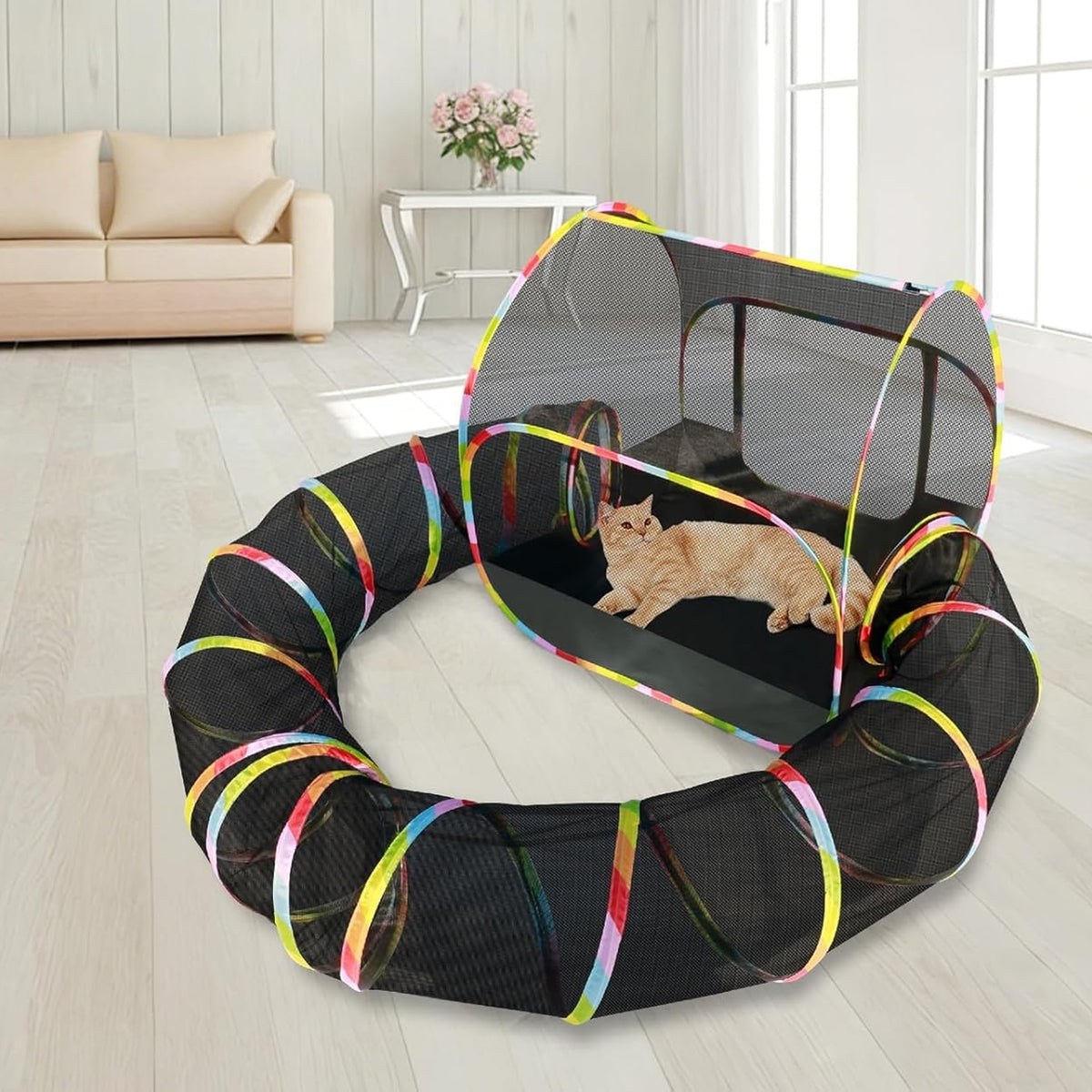 2-in-1 Set: playhouse tent and ring tunnel in a living room with a cat resting in the tent
