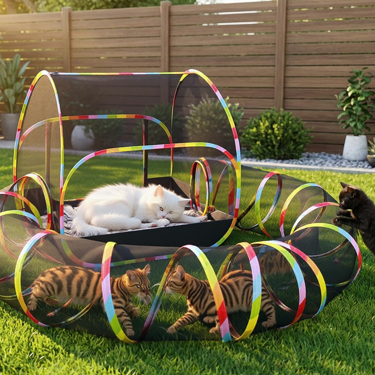 2-in-1 Set: playhouse tent and ring tunnel on a backyard lawn with cats playing inside