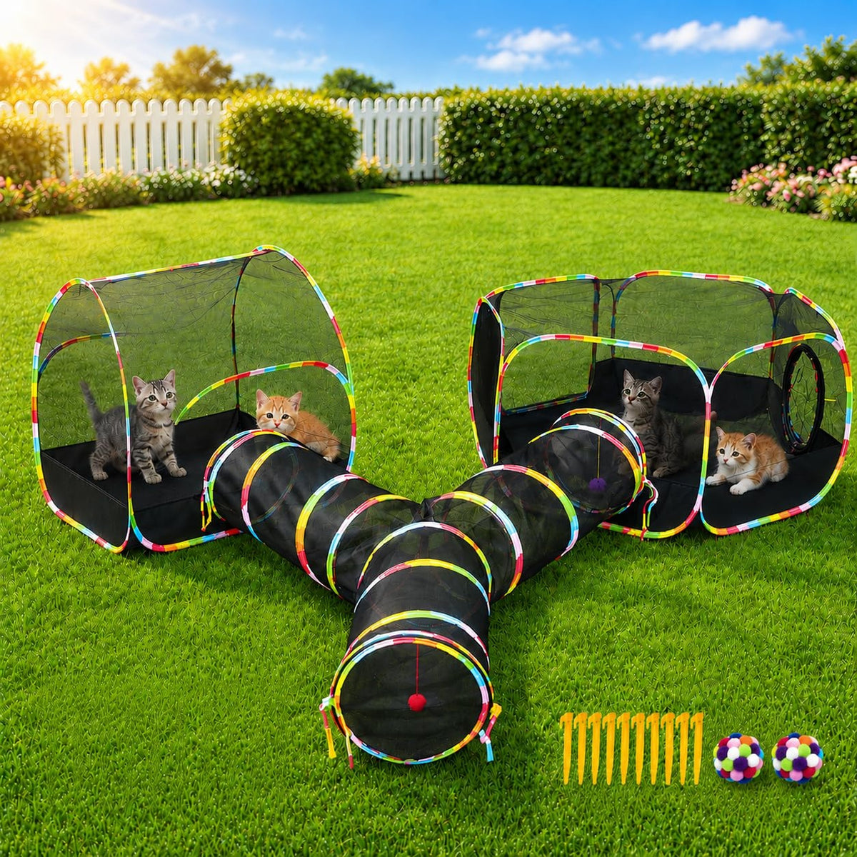 3-in-1 Set: two tents joined by a Y-shaped tunnel on a backyard lawn with cats, ground stakes and toy balls